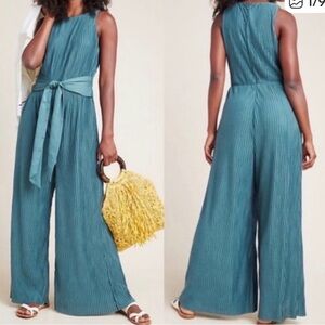 Anthropologie Green Pleated Scoop Neck Tie Waist Jumpsuit Medium